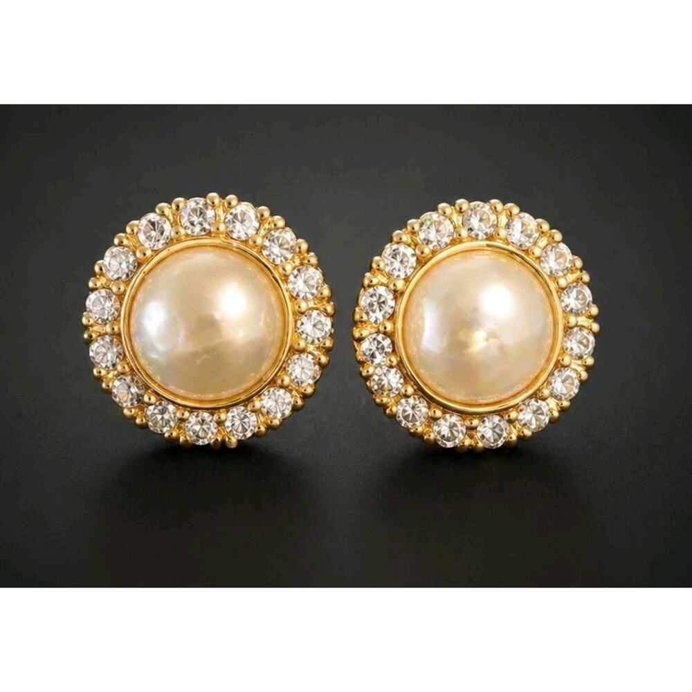 Vintage Roman Faux Pearl Rhinestone Pierced Earrings 3/4" Gold-tone wp-52